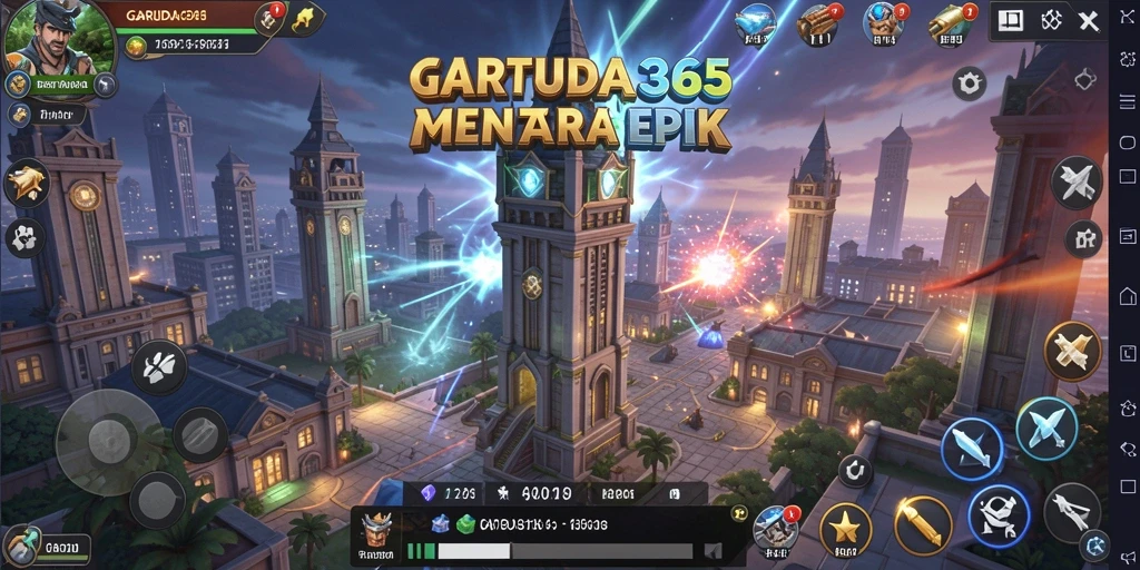Tangkapan layar gameplay GARUDA365 menunjukkan pertarungan menara melawan serangan musuh.