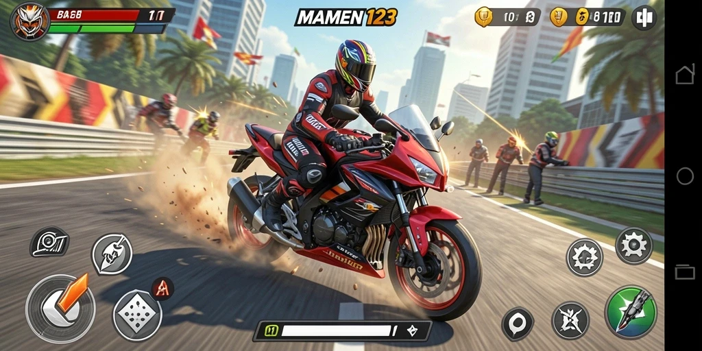 Screenshot MAMEN123 menampilkan balapan motor yang mendebarkan.
