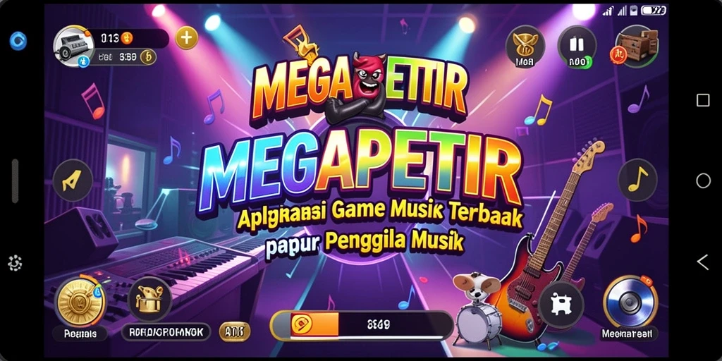 Screenshot gameplay MEGAPETIR dengan berbagai lagu dan mode yang menarik.