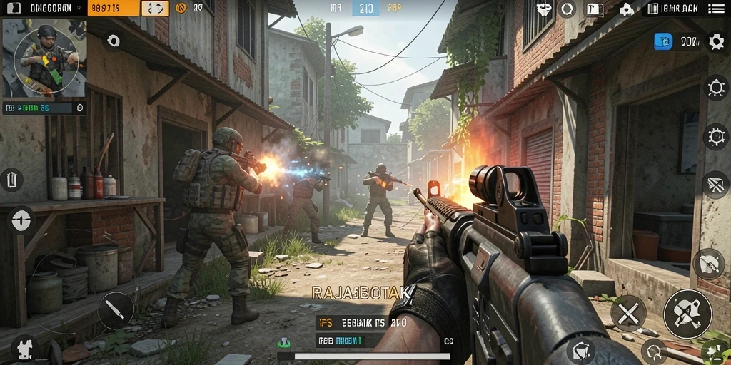 Screenshot gameplay RAJABOTAK menunjukkan aksi tembak-menembak yang mendebarkan.