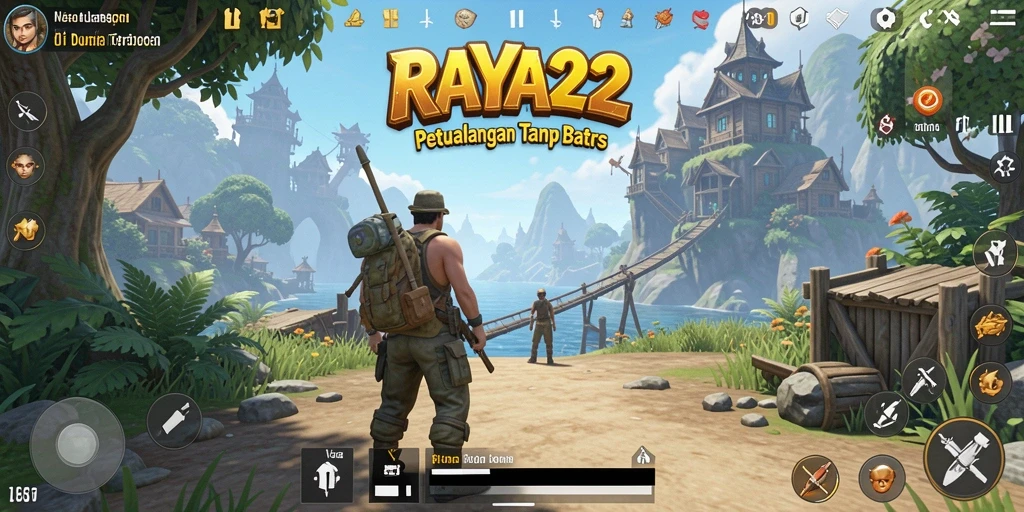 Screenshot gameplay RAYA22 menampilkan dunia terbuka yang luas dan penuh warna.